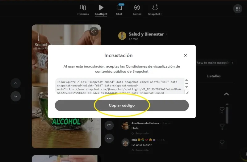 Bouton pour copier le code HTML de Snapchat Spotlight à intégrer 