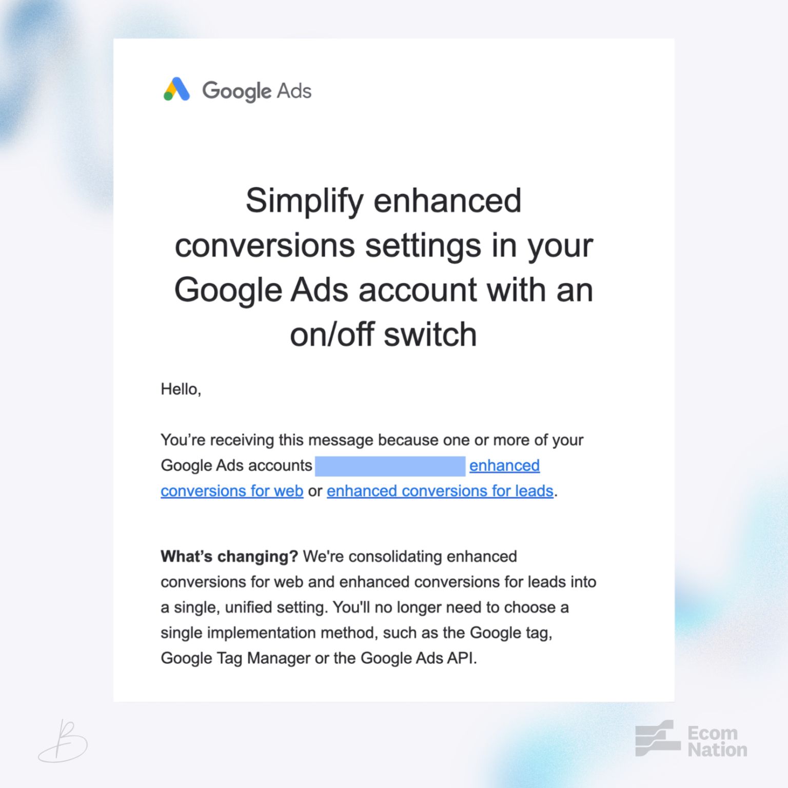 E-mail de consolidation des conversions améliorées Google Ads