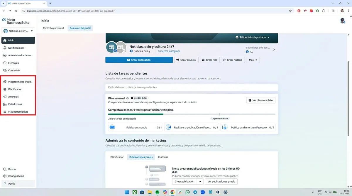 Tableau de bord Facebook