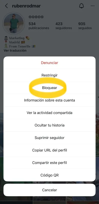 bouton bloquer sur Instagram