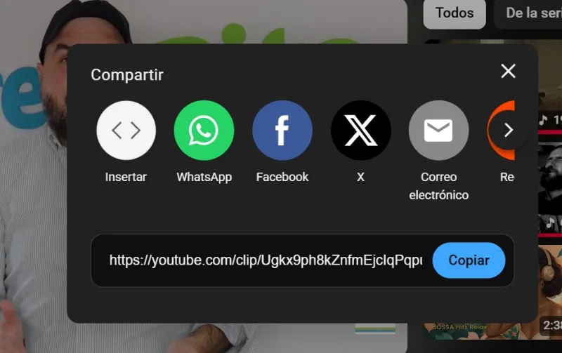 Fenêtre des options de partage de clips Youtube