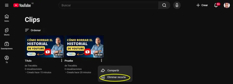 Bouton pour supprimer les coupes ou les clips enregistrés dans votre compte YouTube