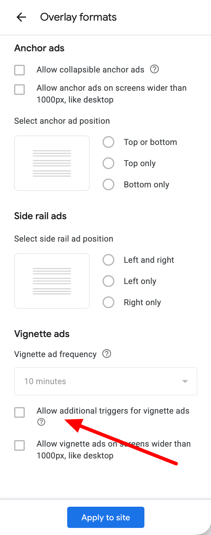Paramètres de déclencheurs supplémentaires de Google Adsense Vinette