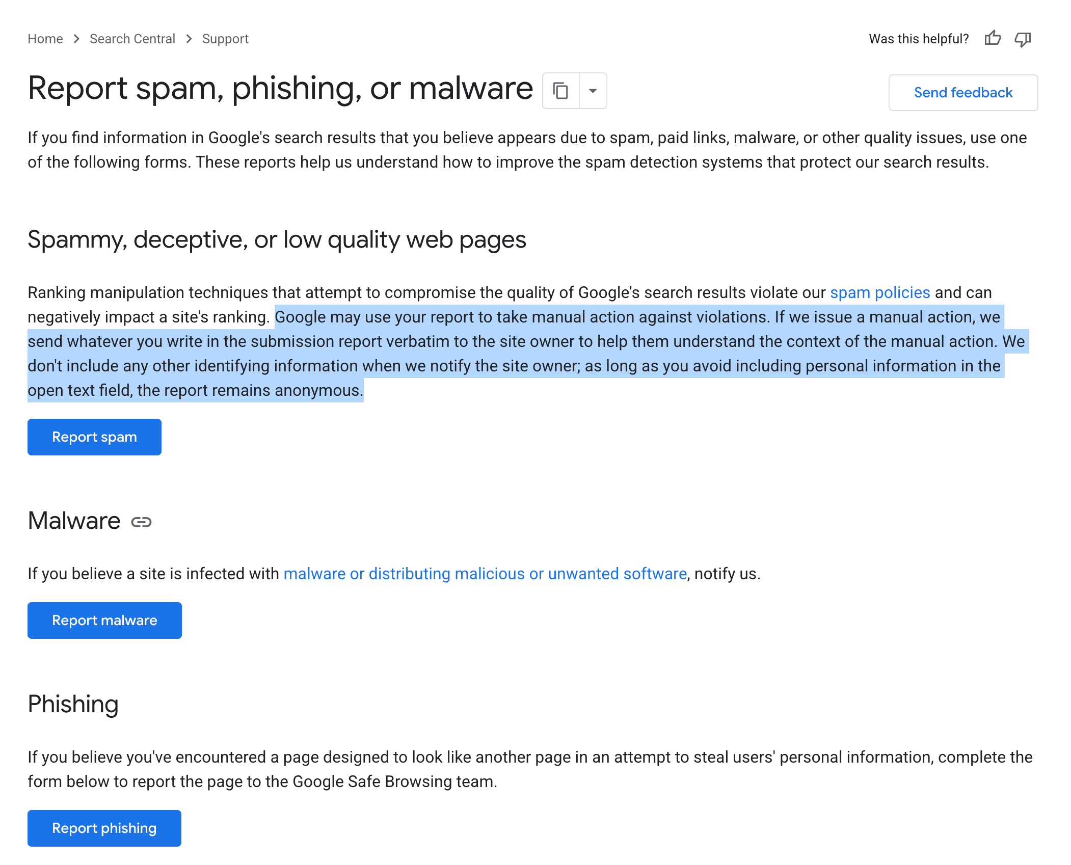 Google signale du spam