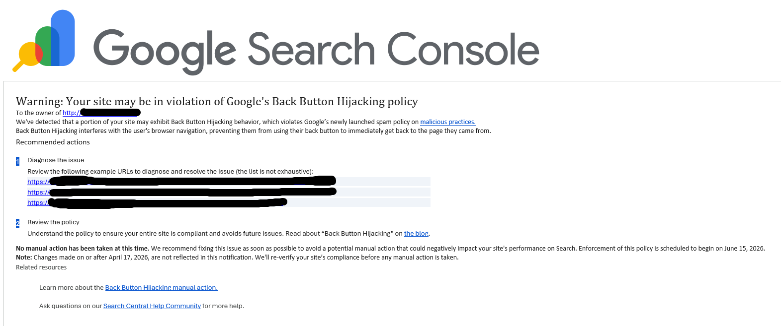 Pénalité de spam pour détournement du bouton Retour d'avertissement de Google