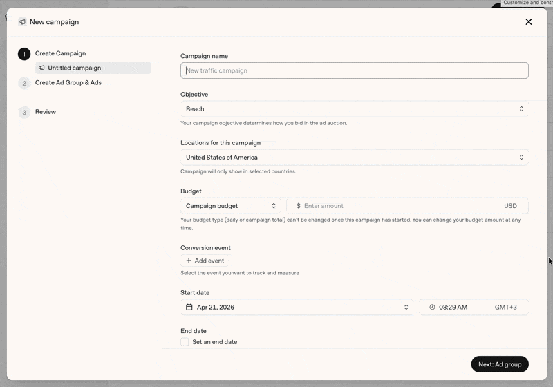 Interface du gestionnaire de publicités Chatgpt