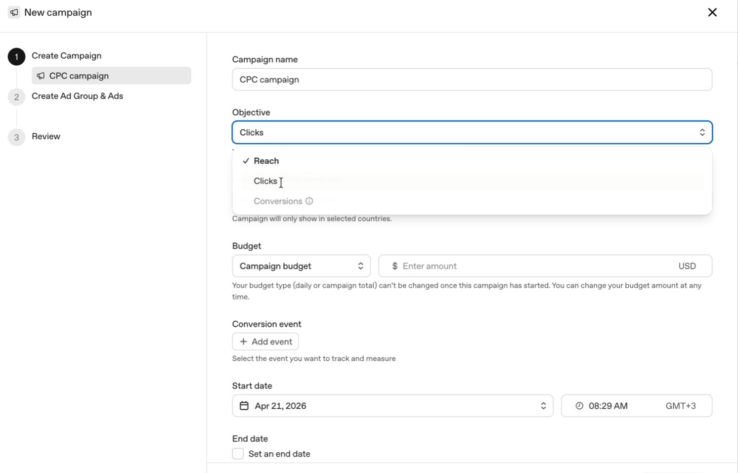 Interface du gestionnaire de publicités Chatgpt