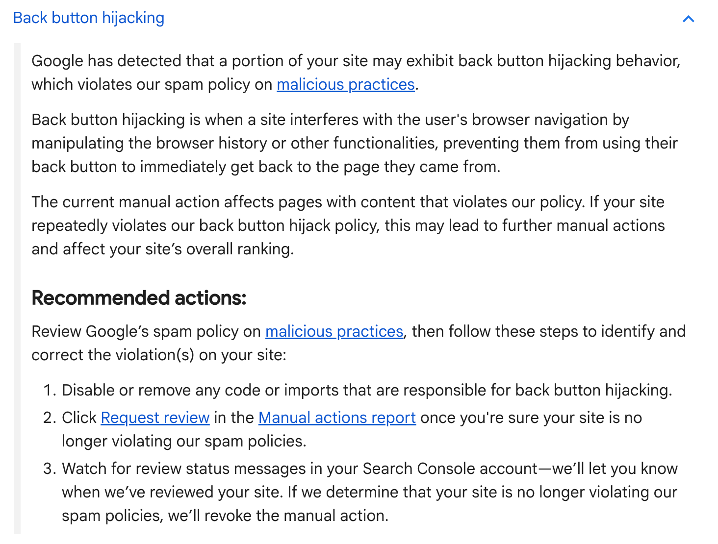Bouton Retour Action manuelle Google
