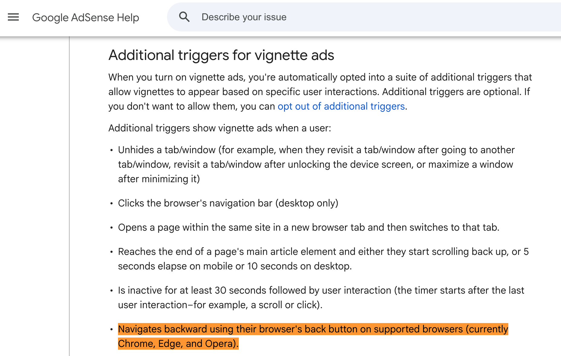Déclencheurs supplémentaires de Google Adsense Vinette