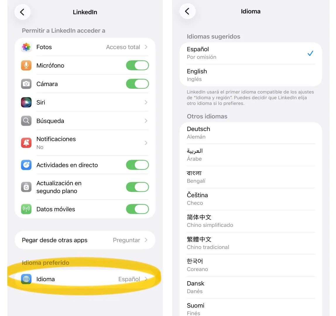 changer de langue linkedin ios