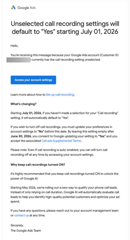 Enregistrement des appels Google Ads par défaut Oui