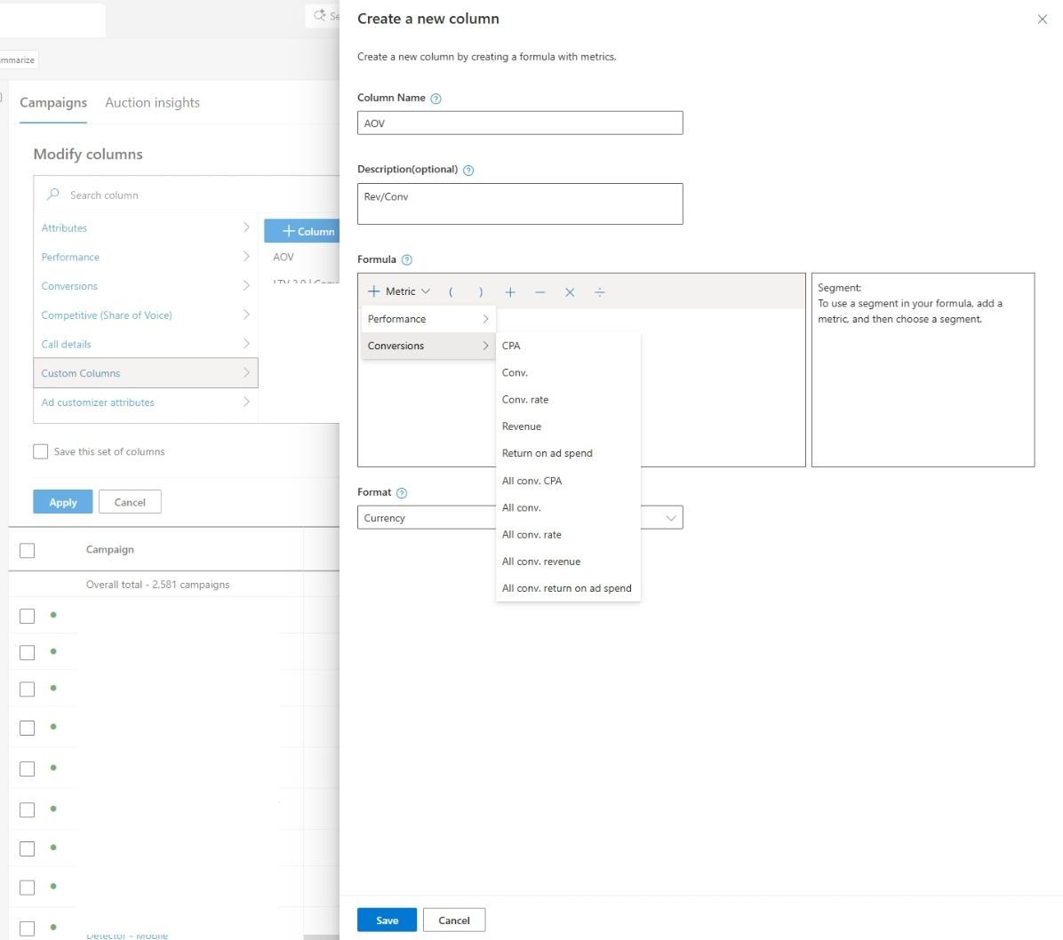 Métriques de conversion des colonnes personnalisées Microsoft Ads