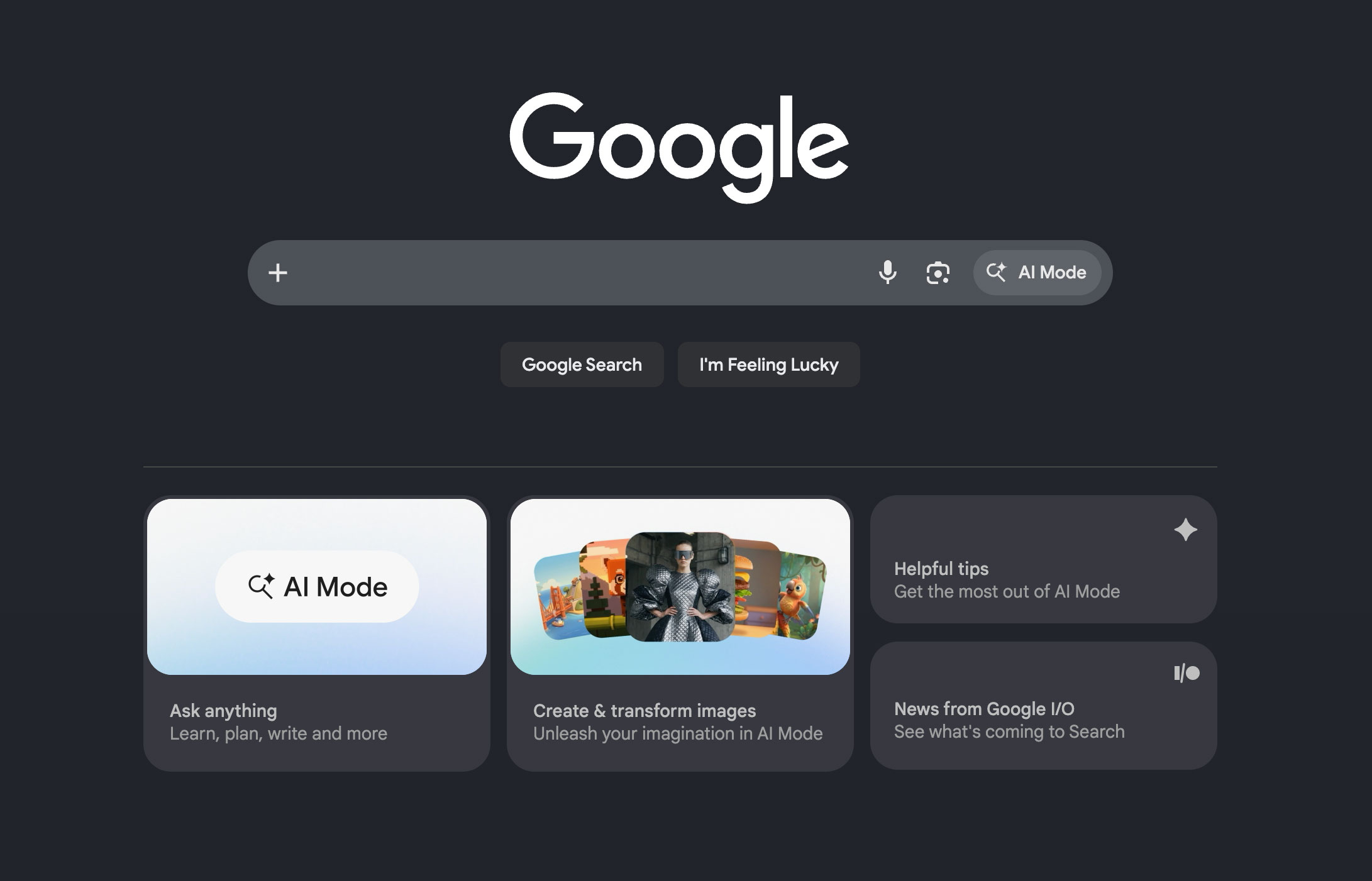 Page d'accueil Google Boîtes d'actualités Ai Io sombres