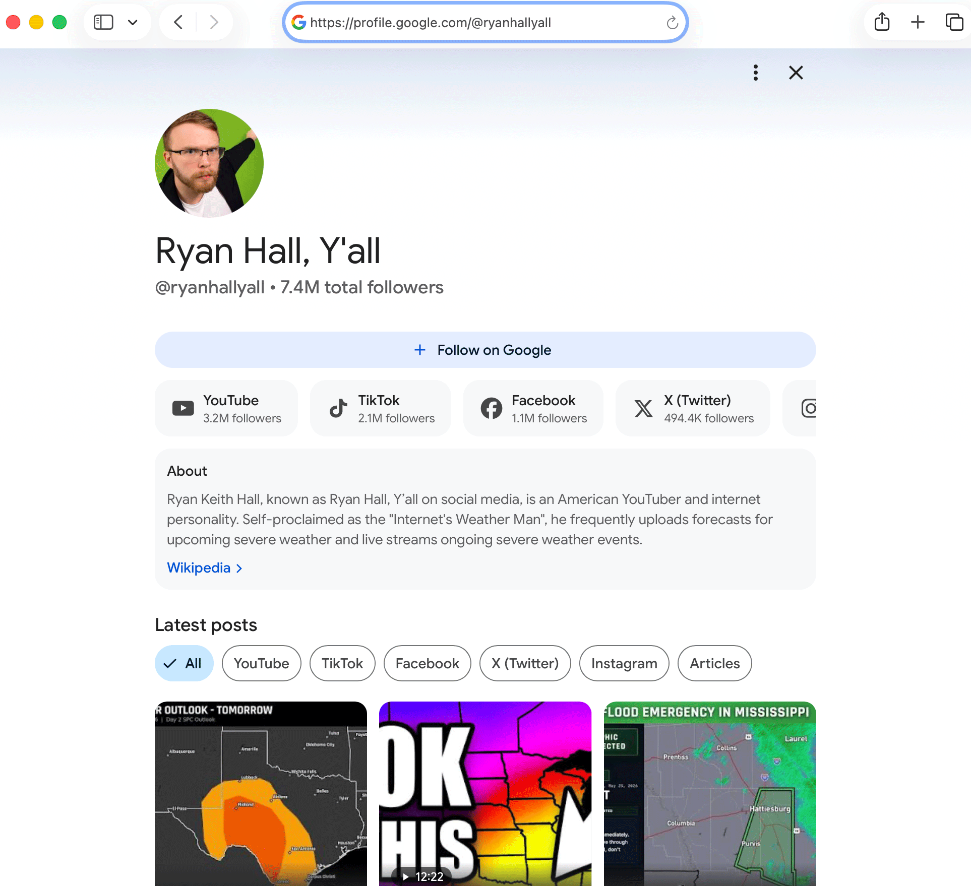 Page de profil de l'éditeur d'URL courtes Google Discover