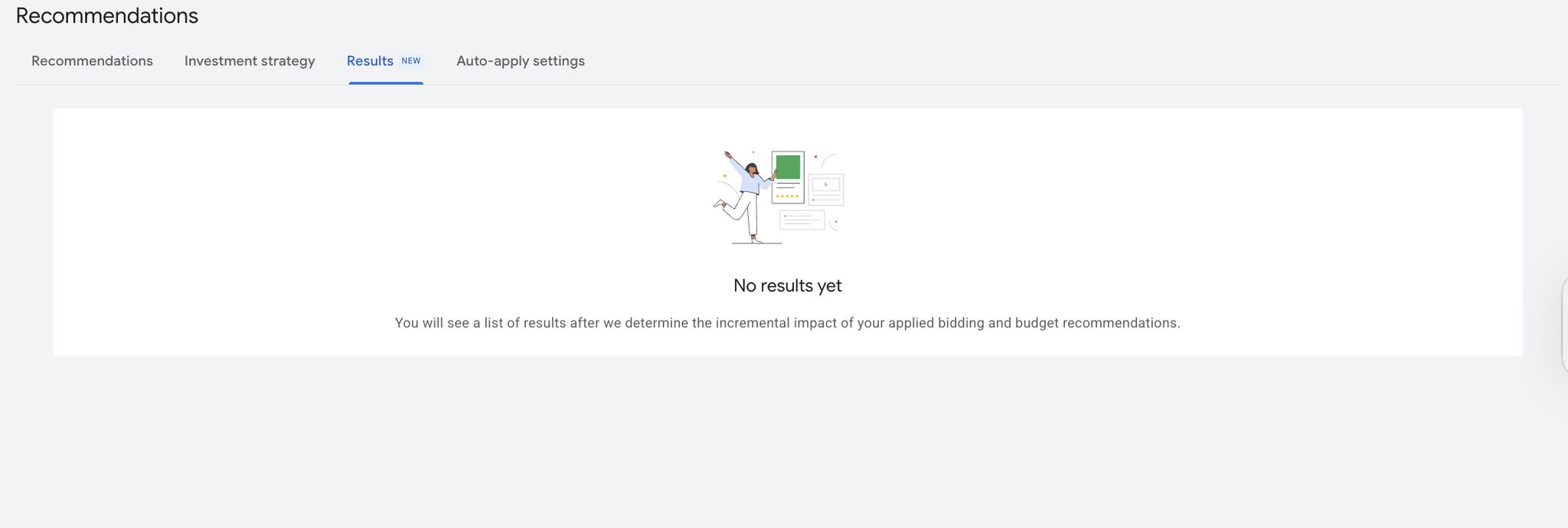 Onglet Résultats des recommandations Google Ads