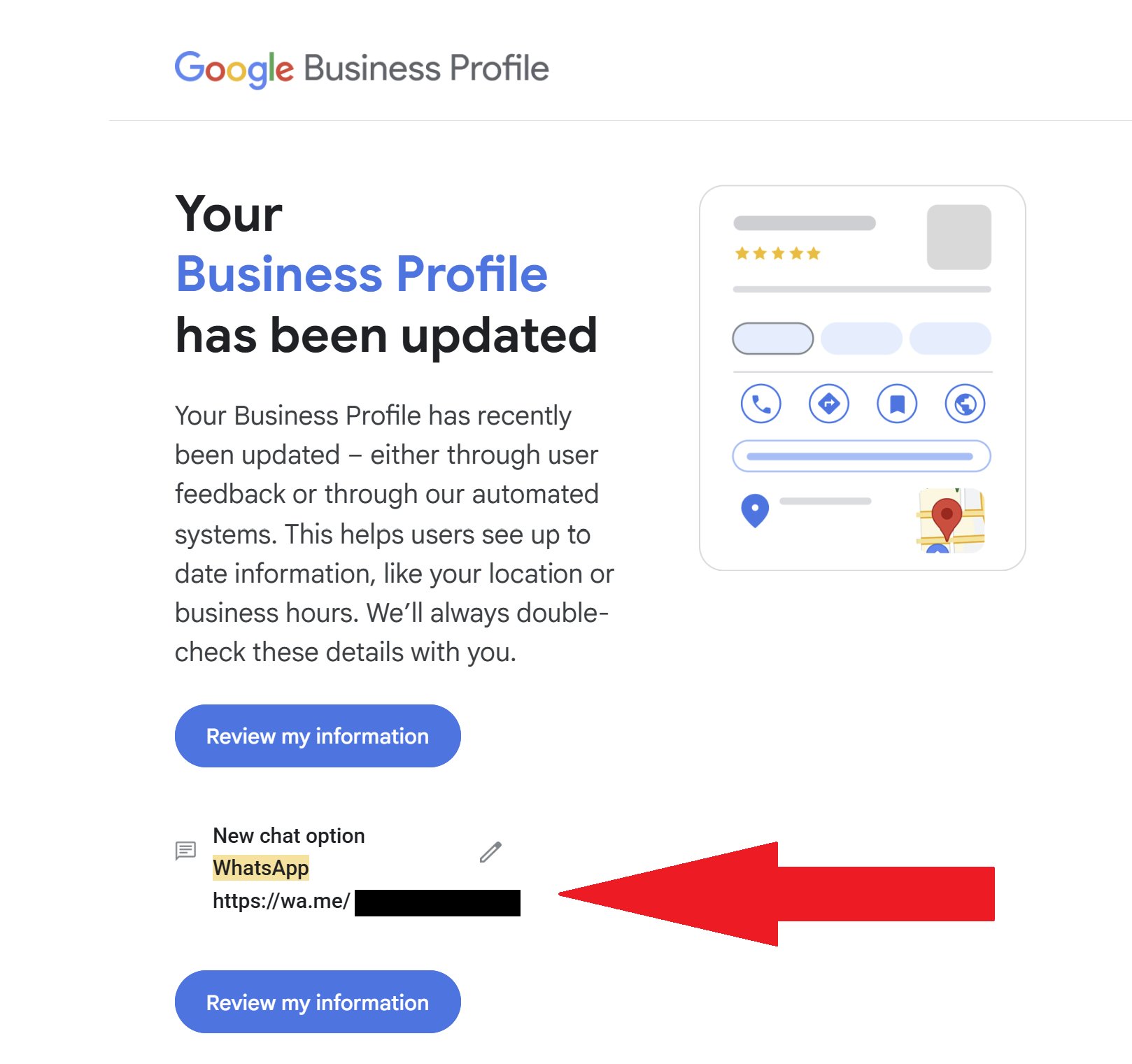 Les profils d'entreprise Google ajoutent l'e-mail Whatsapp