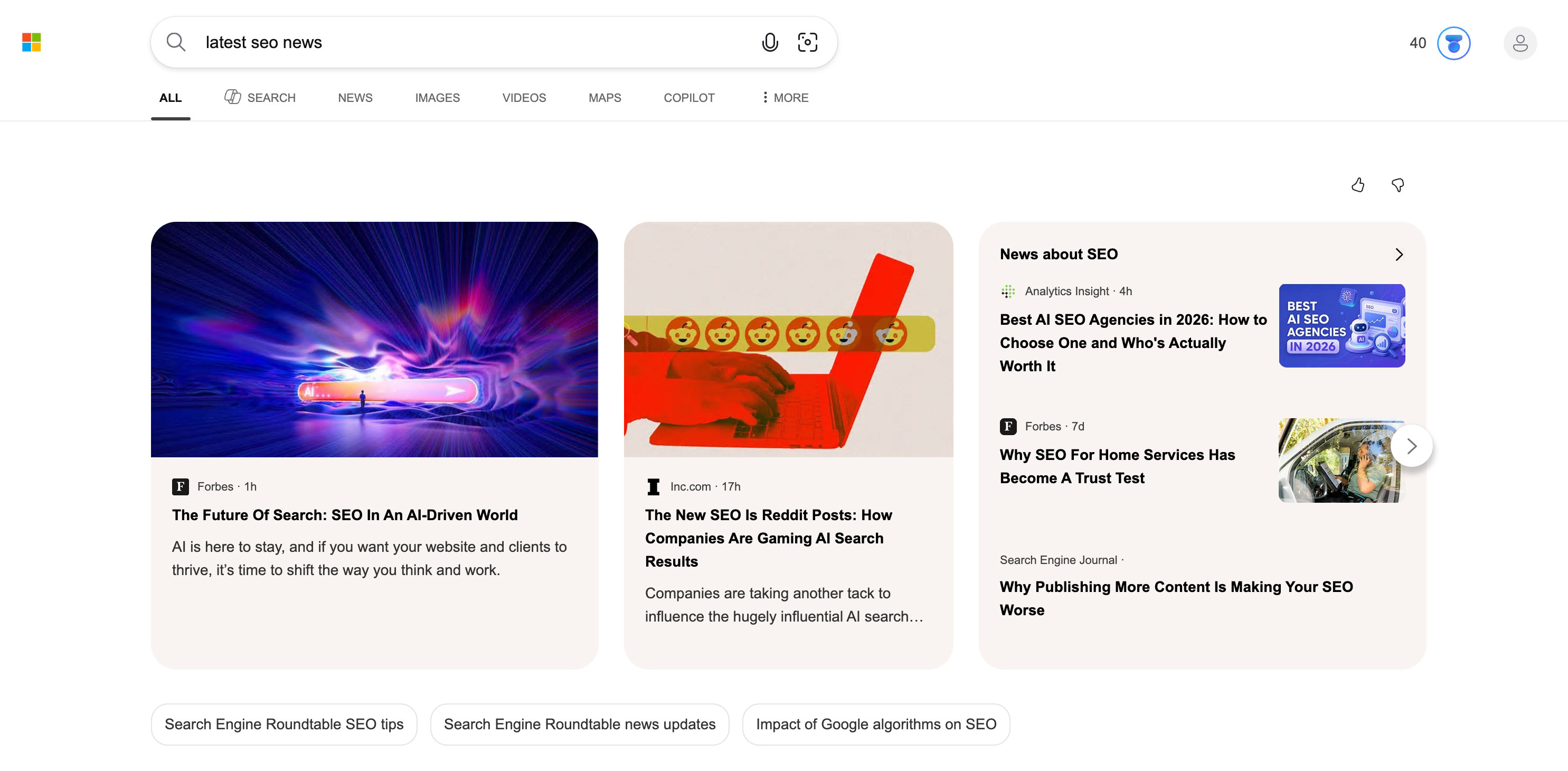 Section Actualités de la recherche Bing Actuelle