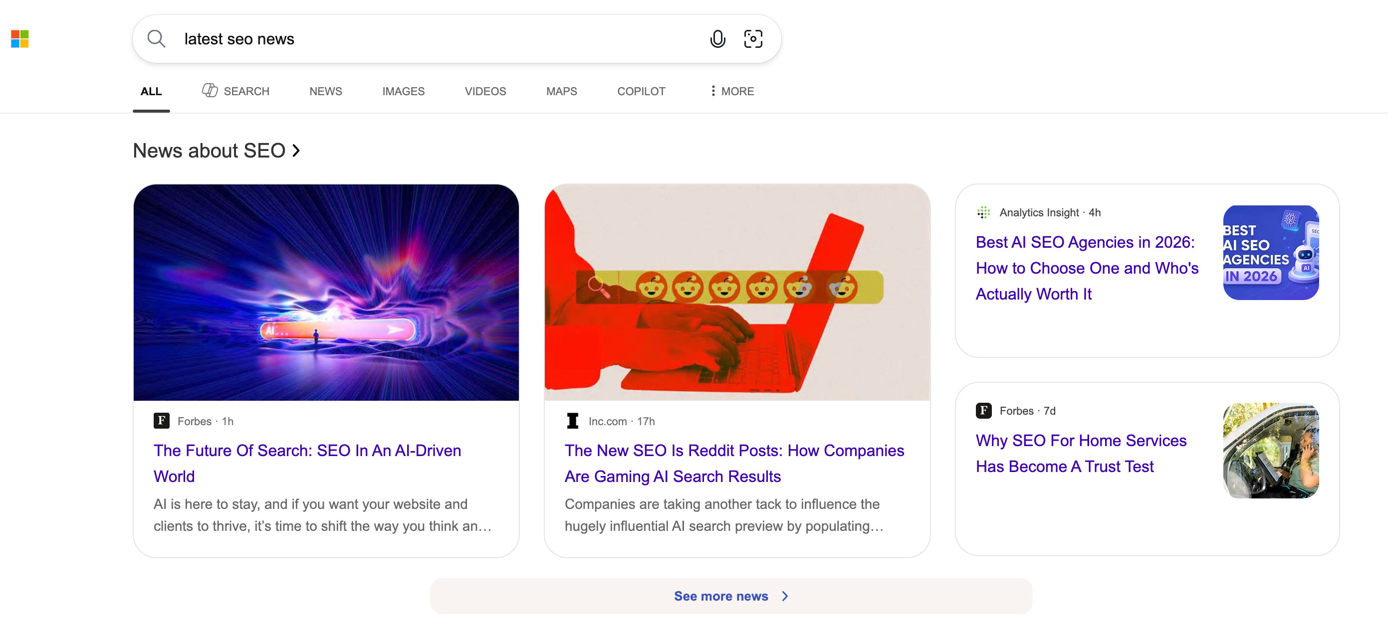 Section Actualités de la recherche Bing Plus récente