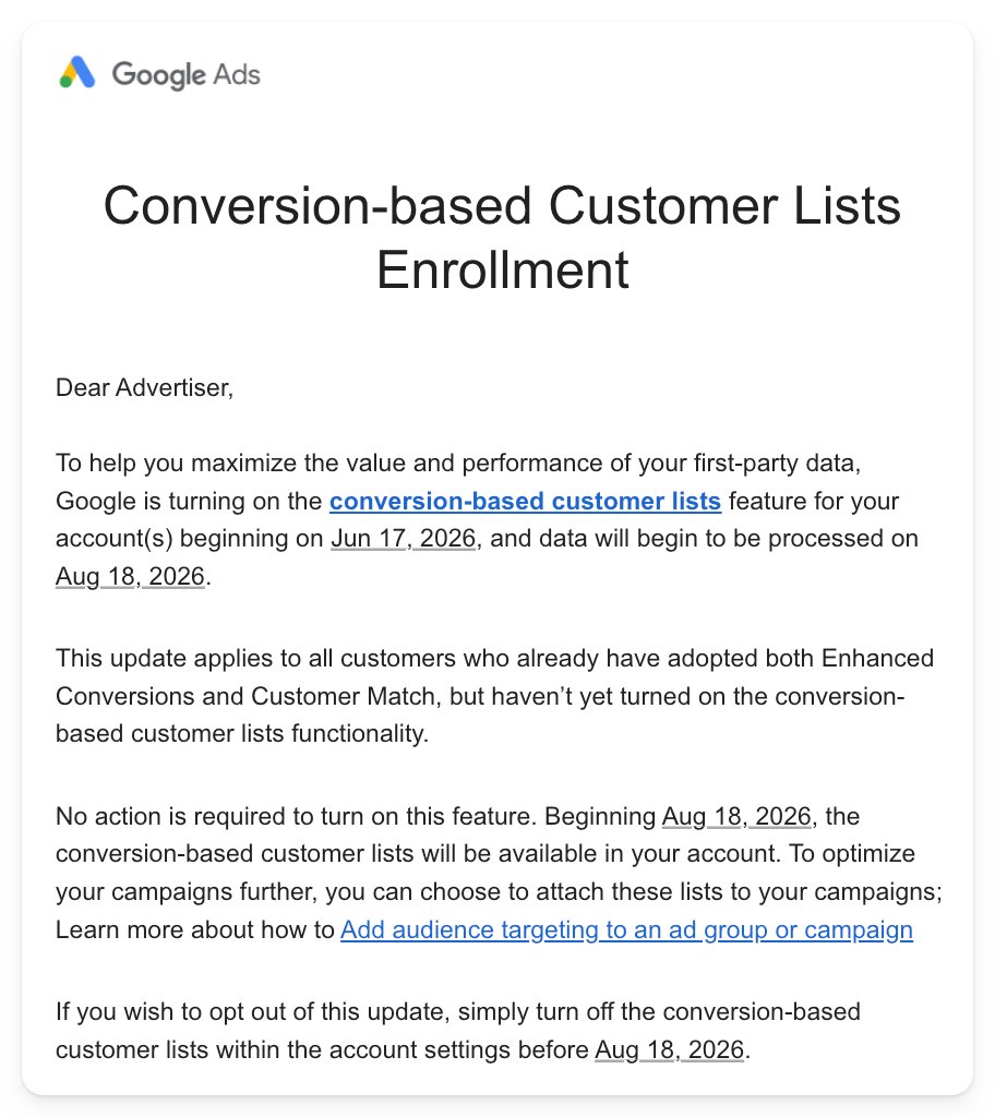 E-mail des listes de clients basées sur les conversions Google Ads