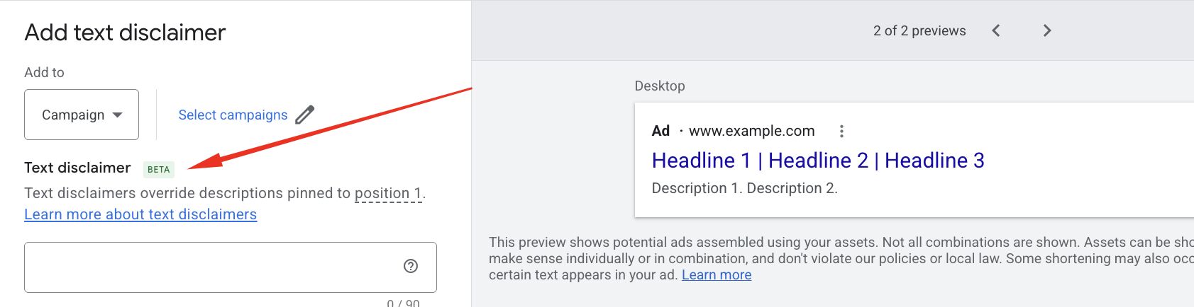 Avis de non-responsabilité textuel Google Ads