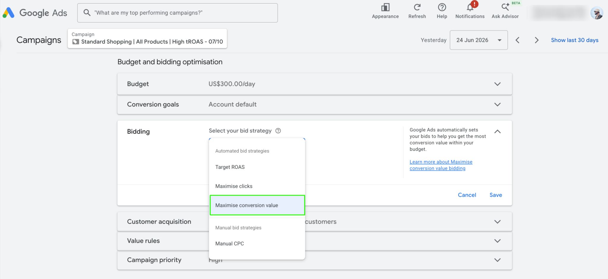 Google Ads maximise la valeur de conversion Shopping standard