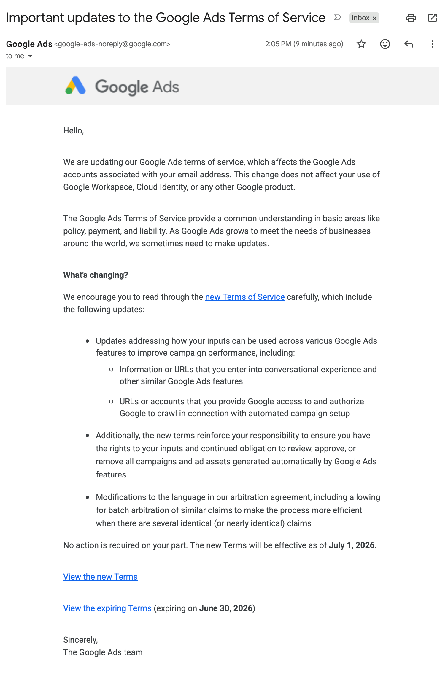 Mise à jour des conditions d'utilisation de Google Ads