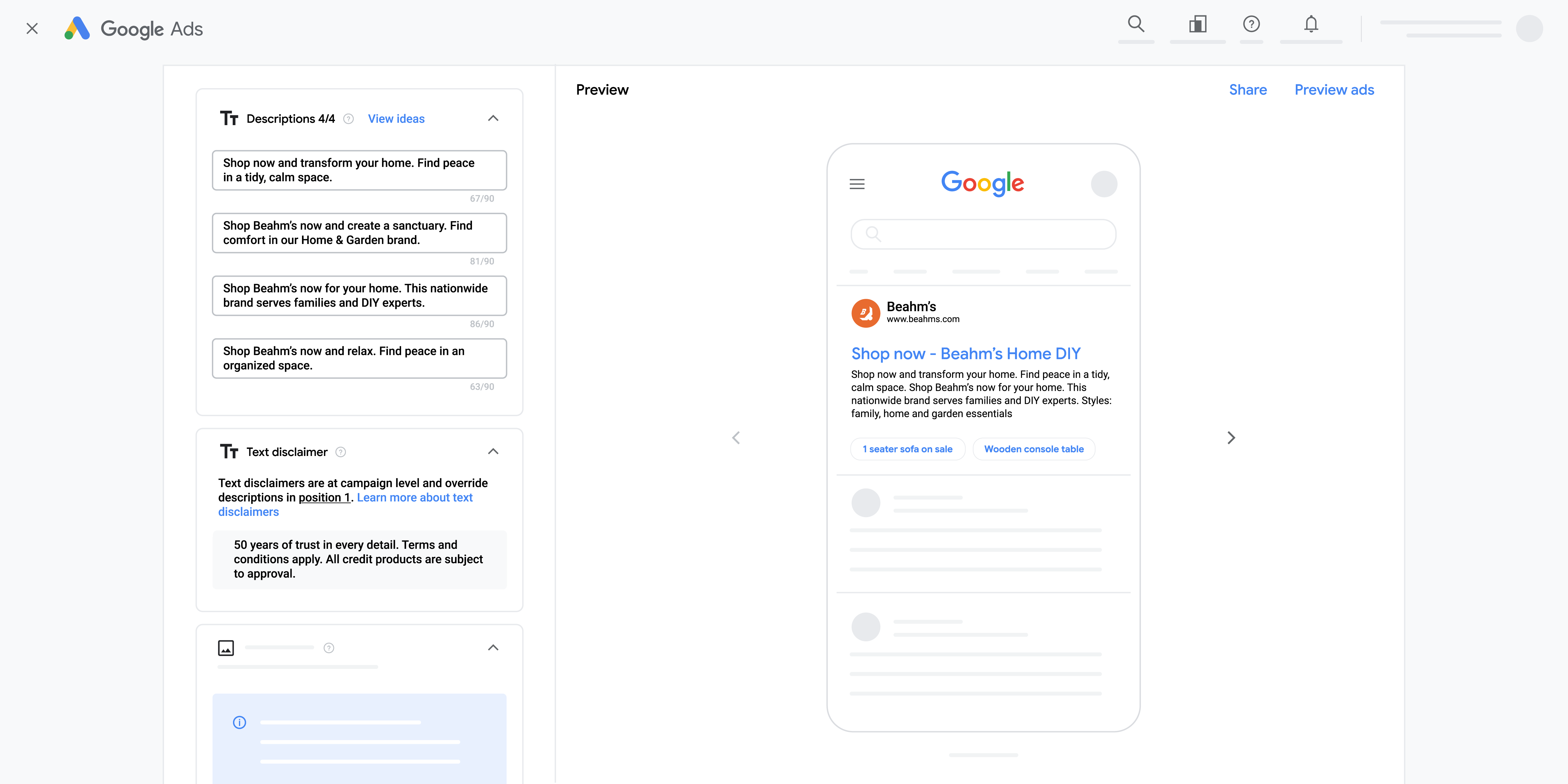 Avis de non-responsabilité textuel Google Ads