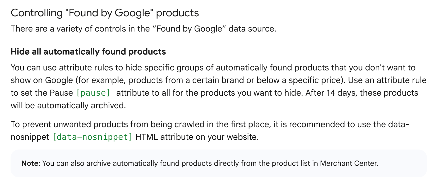 Trouvé par le texte de suppression des produits Google