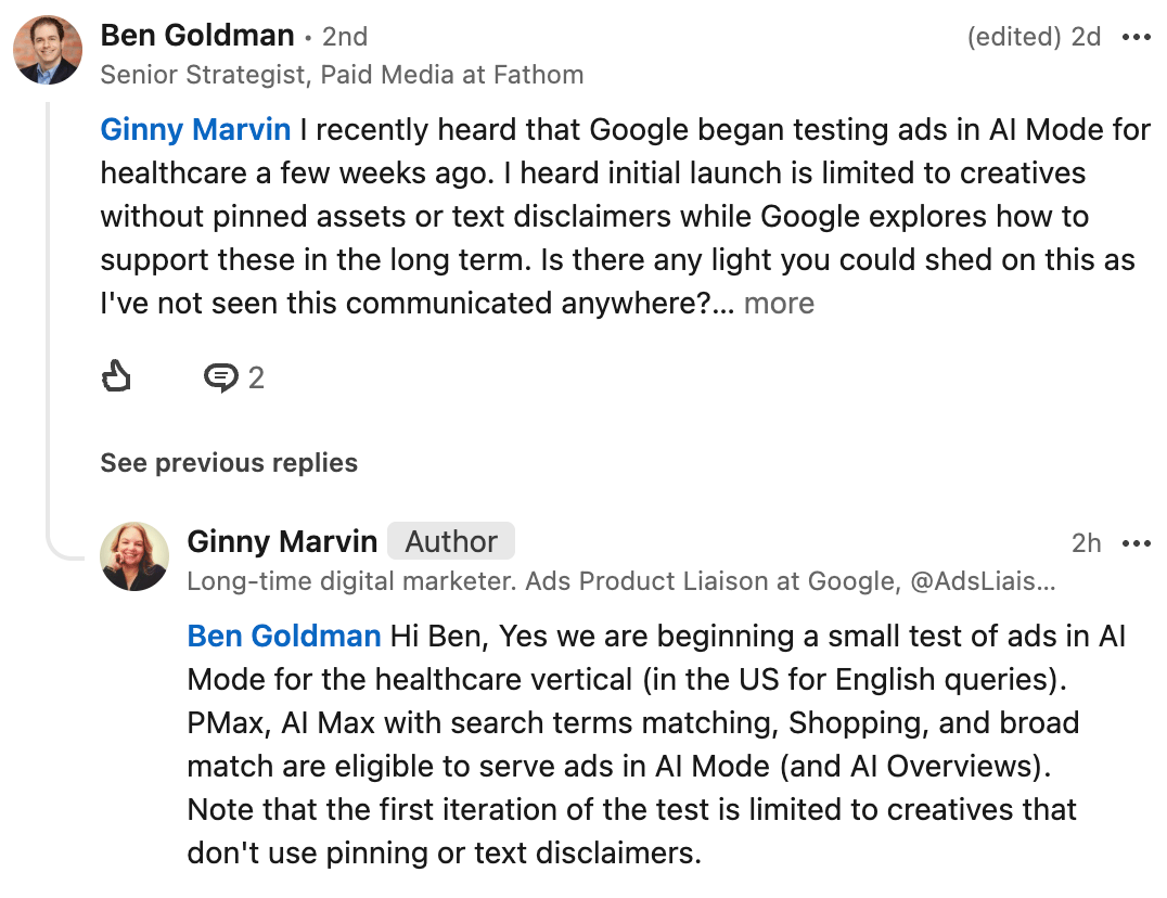 Réponse de Linkedin Google Ads aux annonces de soins de santé