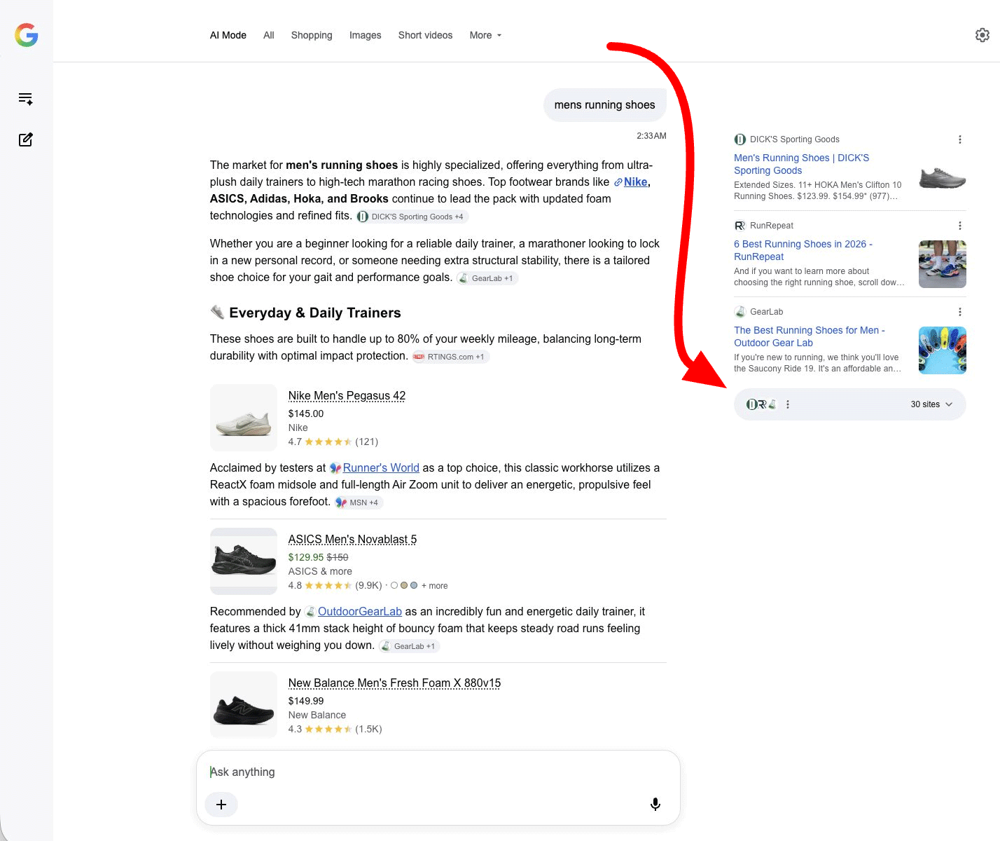 Les citations du mode Google Ai comptent le plus bas