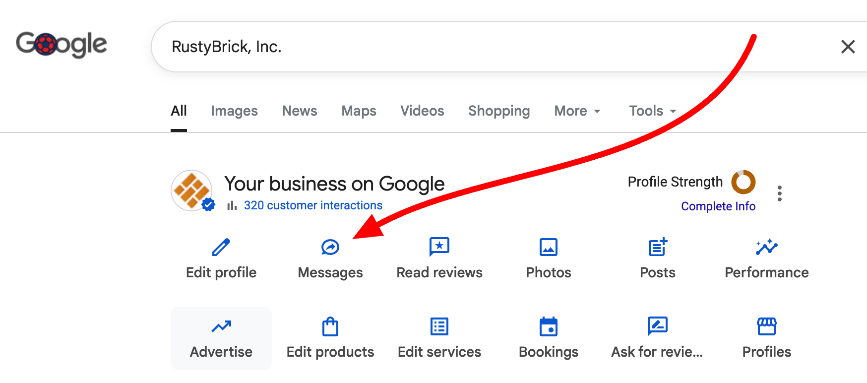 Bouton Messages des profils d'entreprise Google