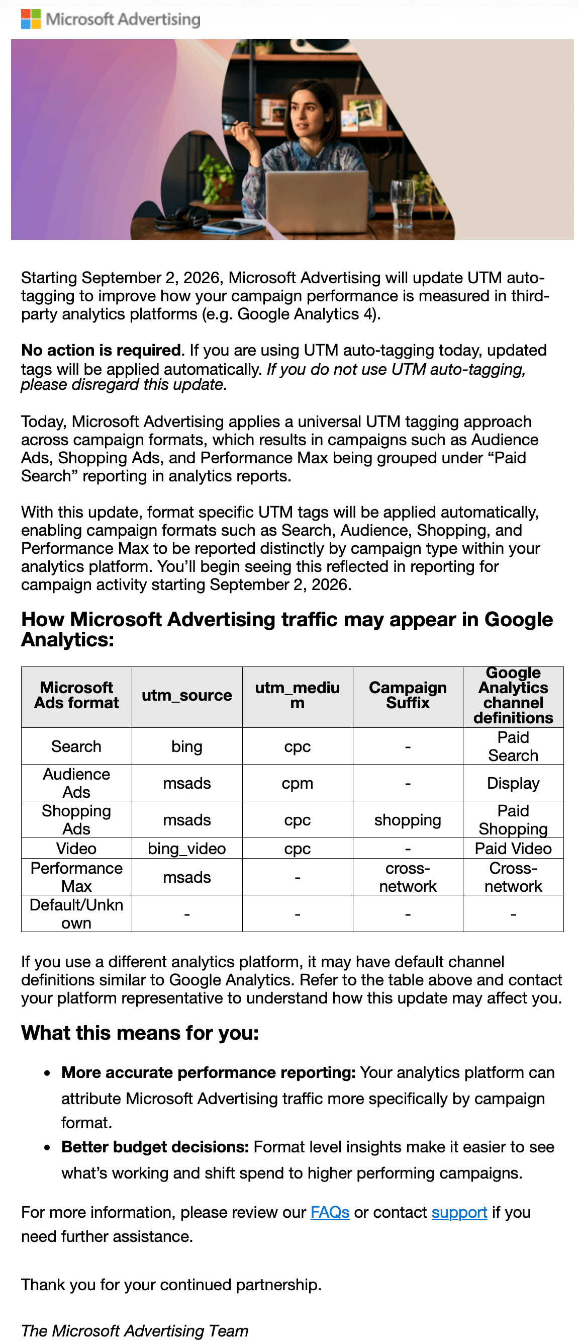E-mail de mise à jour Microsoft Advertising Utm