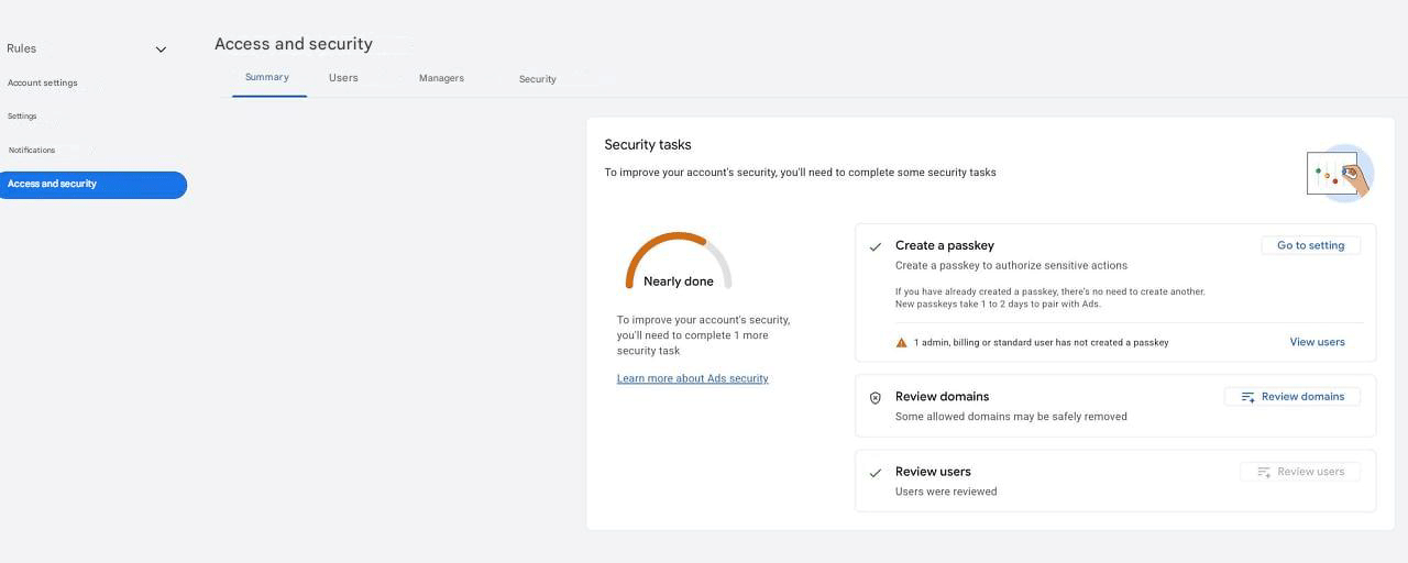 Onglet Récapitulatif de la sécurité Google Ads