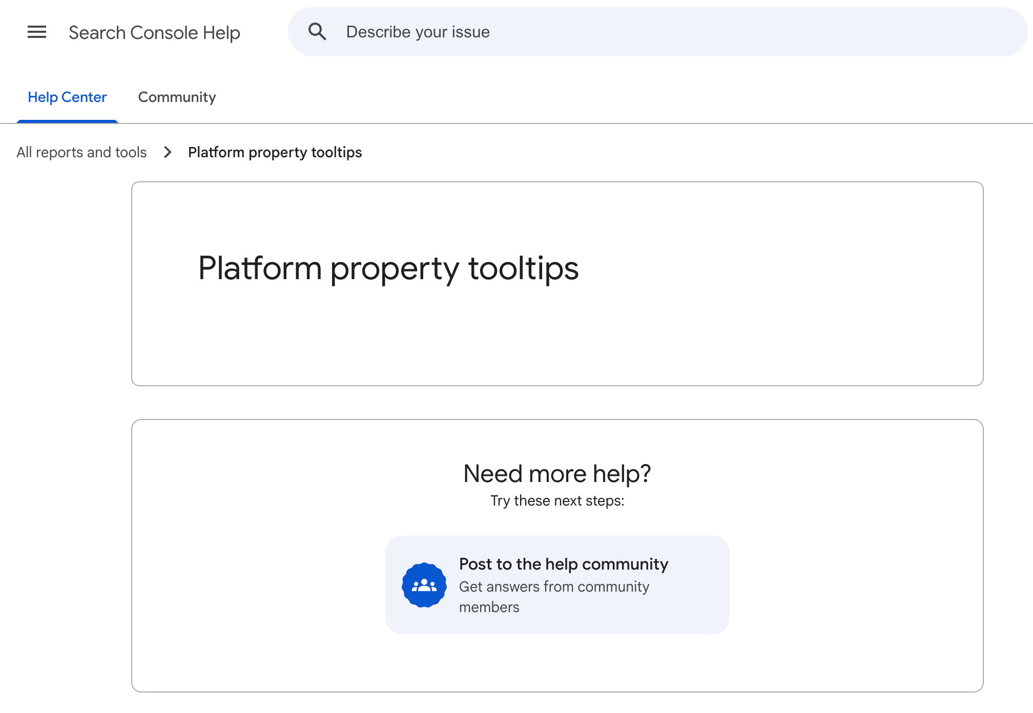 Info-bulles des propriétés de la plate-forme Google Search Console