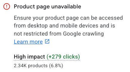 Page de produits de masse de Google Merchant Center indisponible