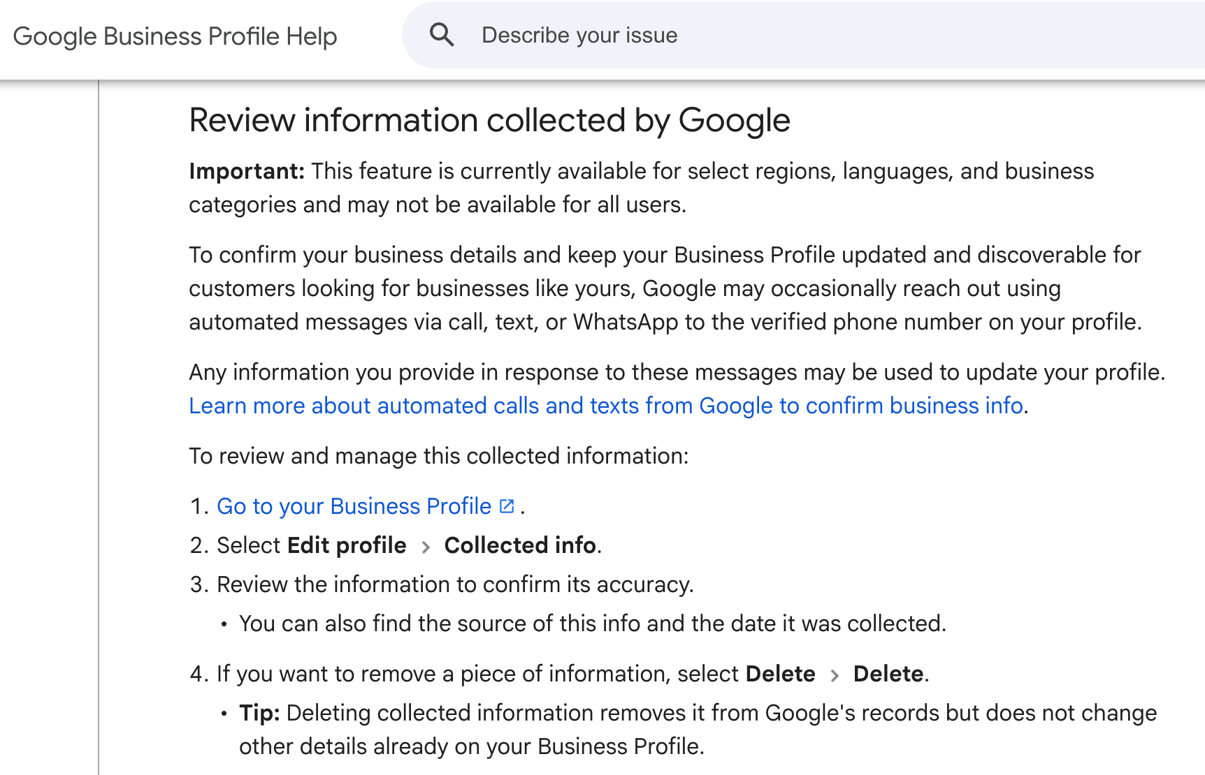 Examen des profils d'entreprise Google Informations collectées