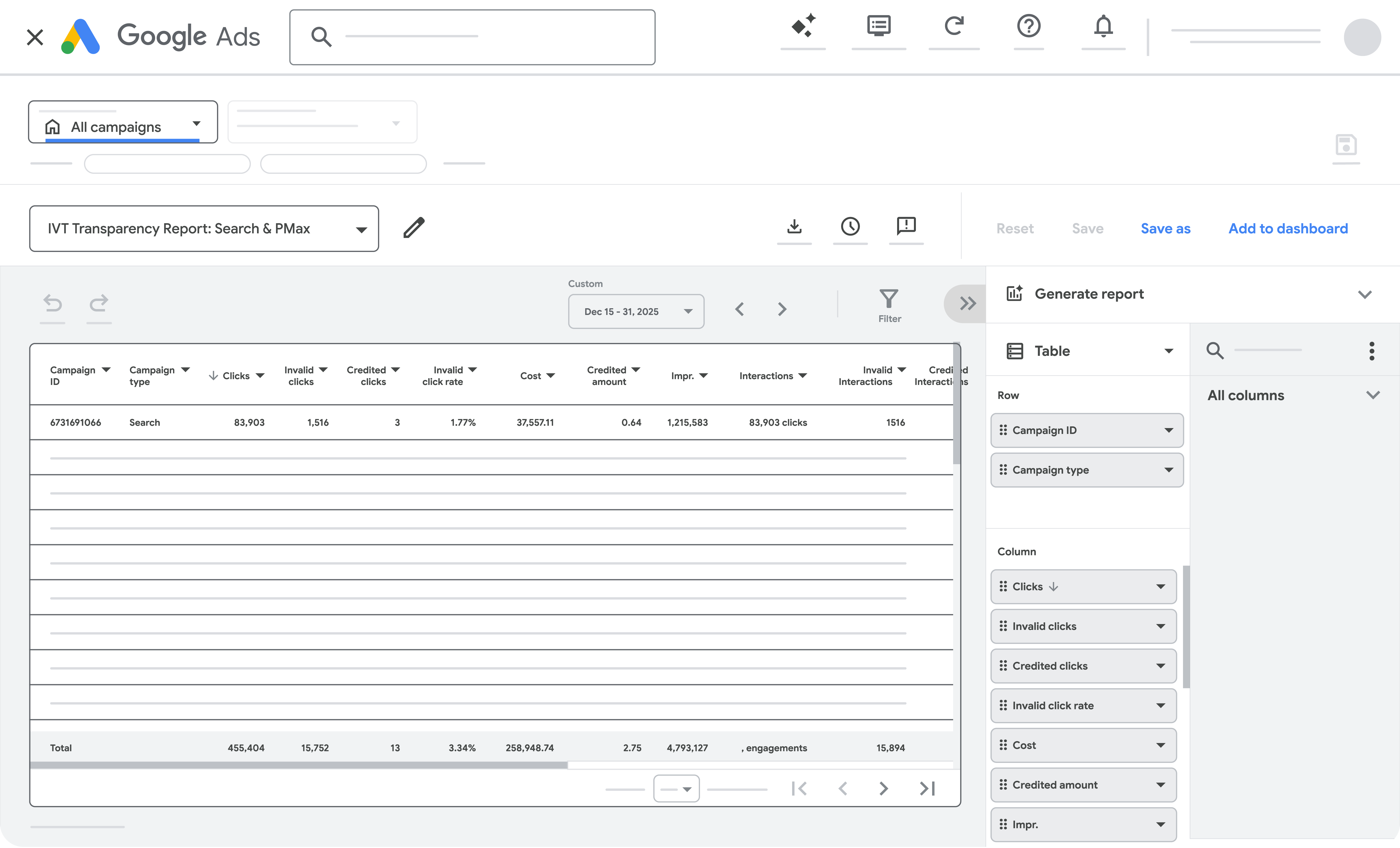 Rapport de crédit d'activité Google Ads non valide