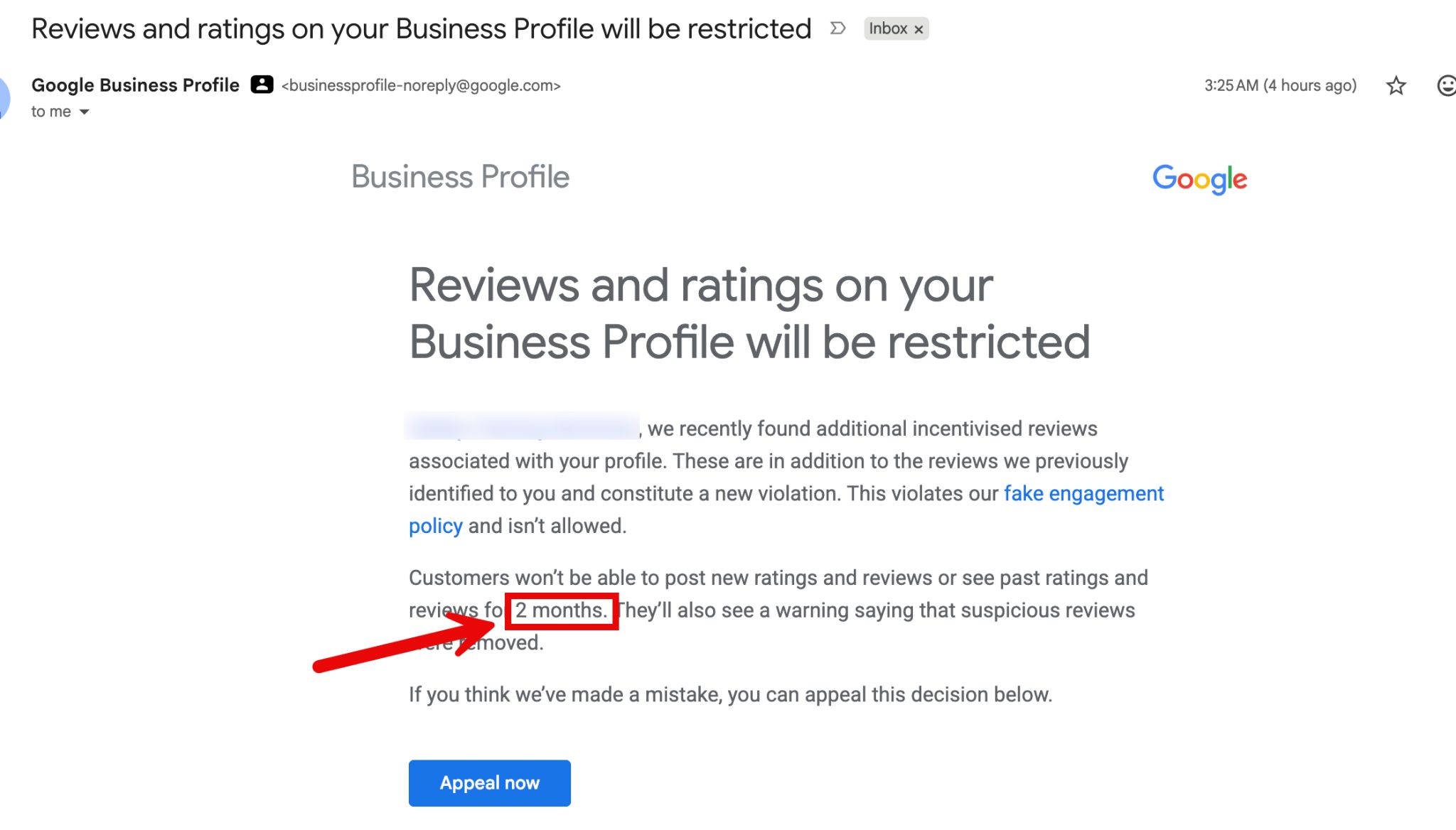 E-mail de restriction des avis Google
