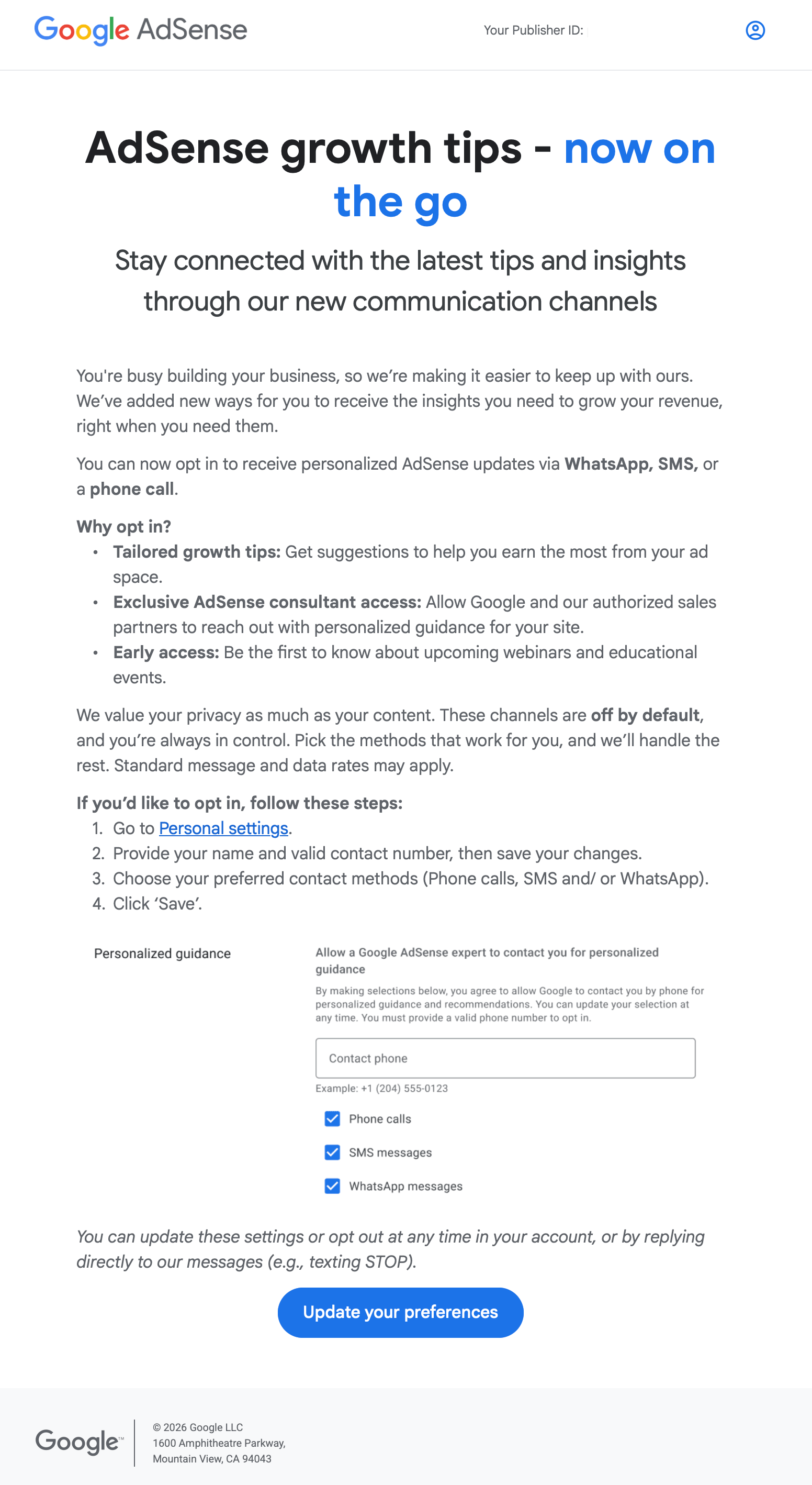 Paramètres de contact des experts en e-mail Adsense