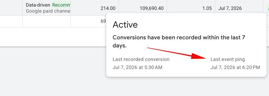 Ping du dernier événement de conversions Google Ads