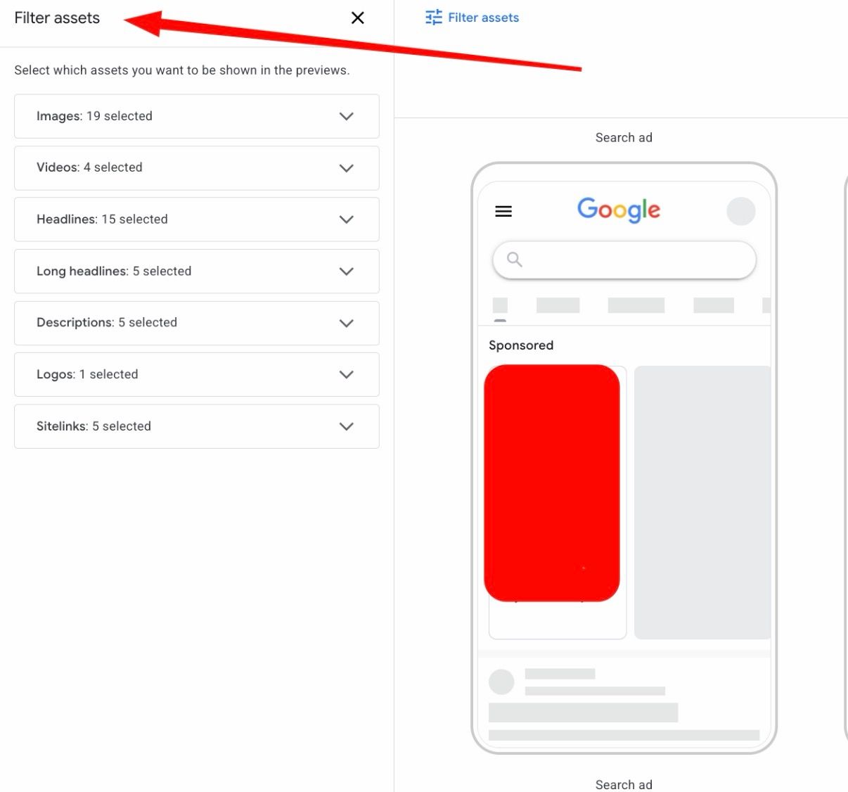 Éléments de filtre des aperçus Google Ads