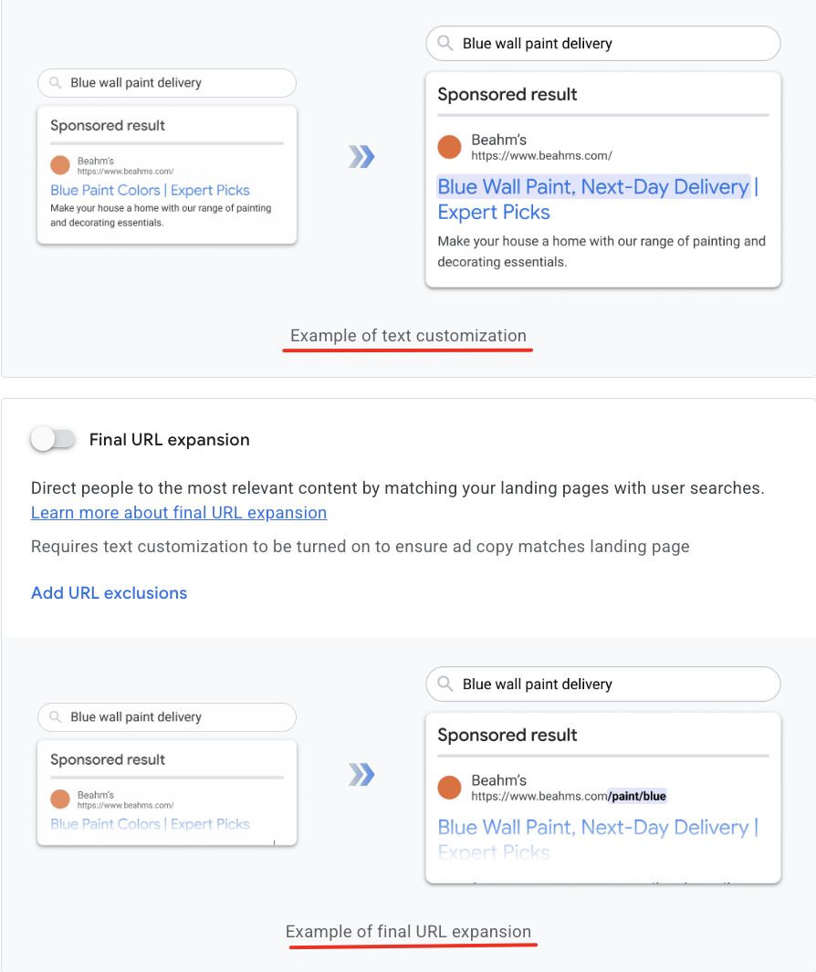 Texte Google Ads URL finale personnalisée Développer l'aperçu