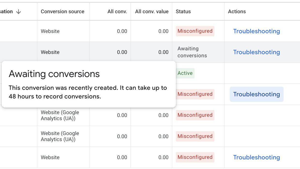 État du suivi des conversions Google Ads3