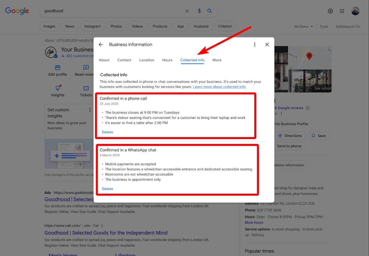 Informations collectées sur les profils d'entreprise Google