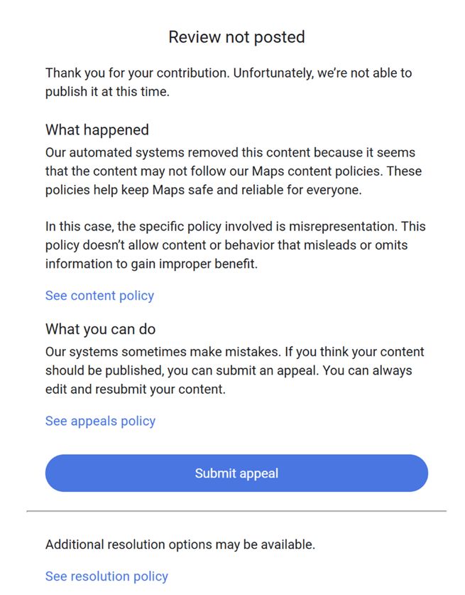 Avis Google non publié par e-mail