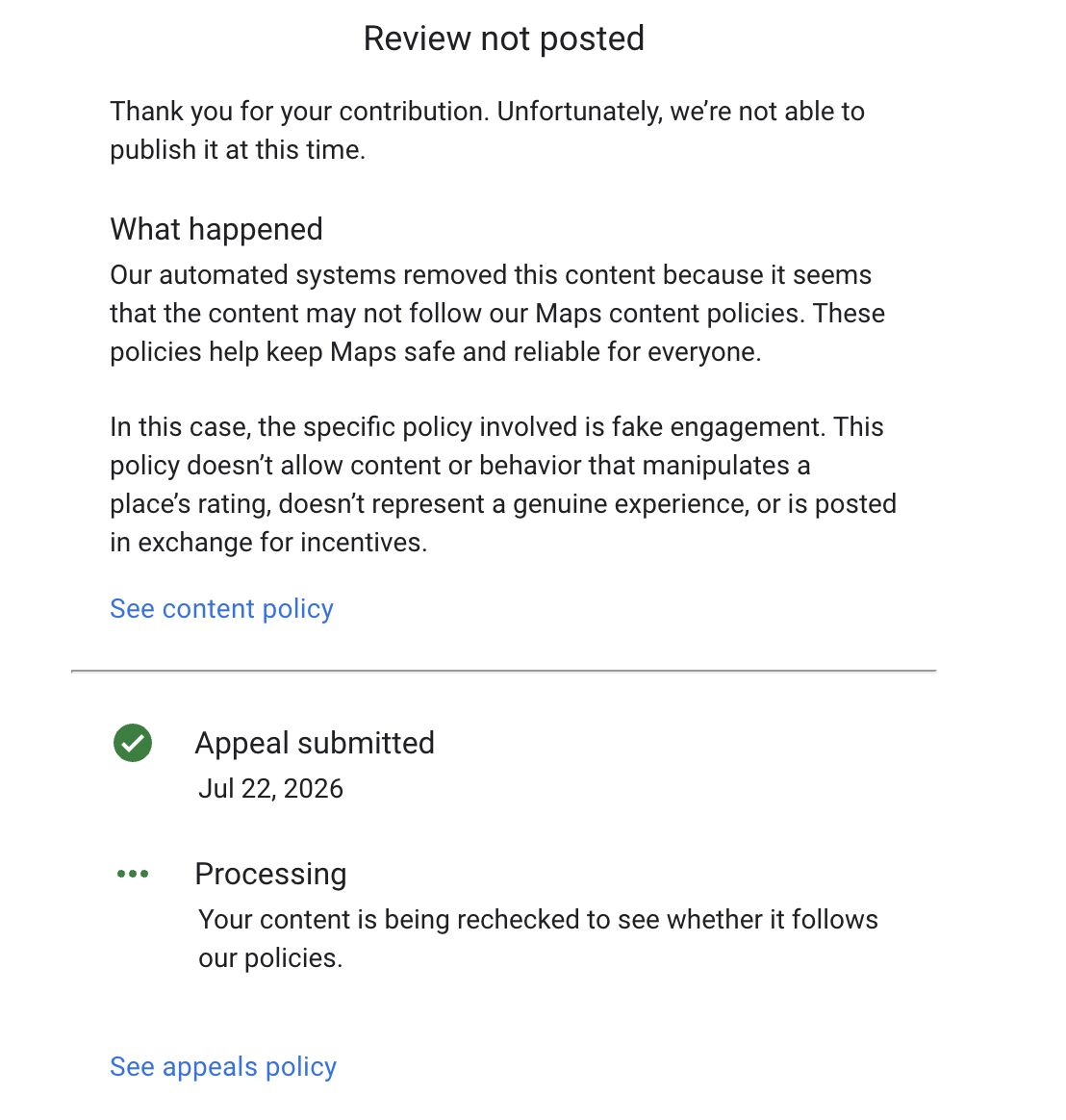 Avis Google non publié Appel soumis
