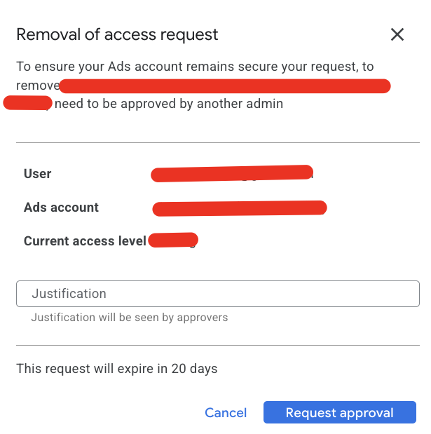 Justification de la suppression de la demande de Google Ads