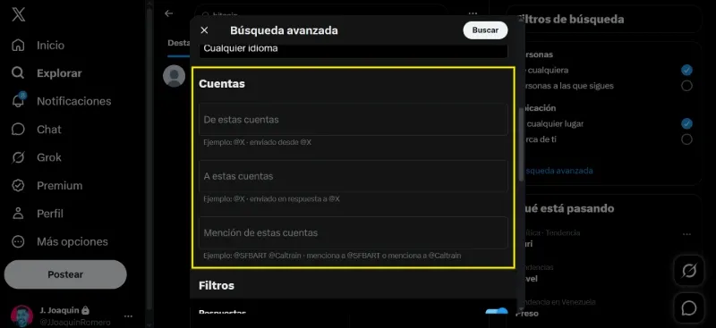 Recherche avancée de publications par comptes dans X