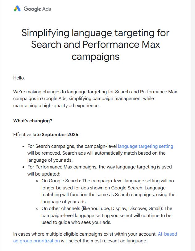 E-mail de mise à jour du ciblage linguistique Google Ads