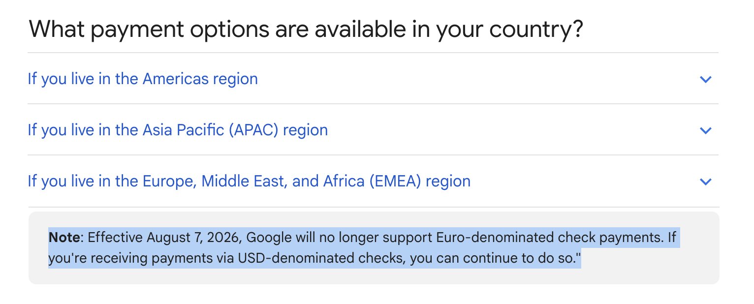 Google Adsense abandonne les paiements par chèque libellés en euros